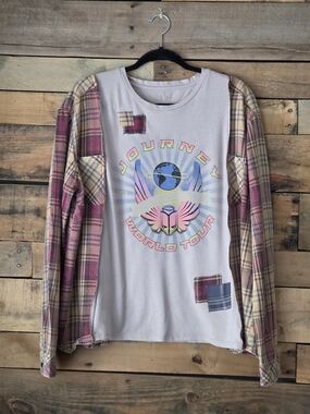 Upcycled Journey Graphic T-shirt With Long Sleeve  Pink/Beige Plaid